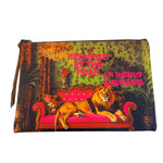 Lion rhinestone leather pouch with hot pink sofa, pink striped reverse, and inspirational phrase.