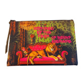 Lion rhinestone leather pouch with hot pink sofa, pink striped reverse, and inspirational phrase.
