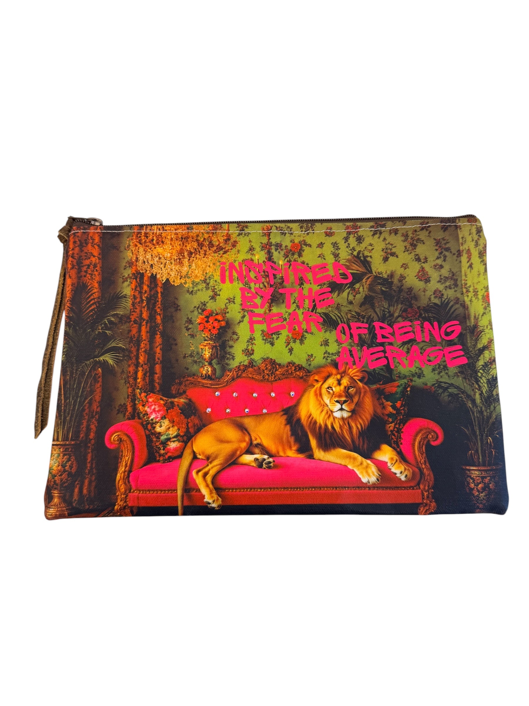 Lion rhinestone leather pouch with hot pink sofa, pink striped reverse, and inspirational phrase.