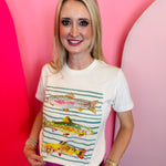 Fish Blingy Tee with colorful fish, teal stripes, and rhinestones
