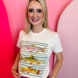 Fish Blingy Tee with colorful fish, teal stripes, and rhinestones