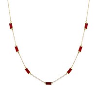 Gold chain necklace with stationed rectangular ruby stones, adjustable 16–18 inch length.