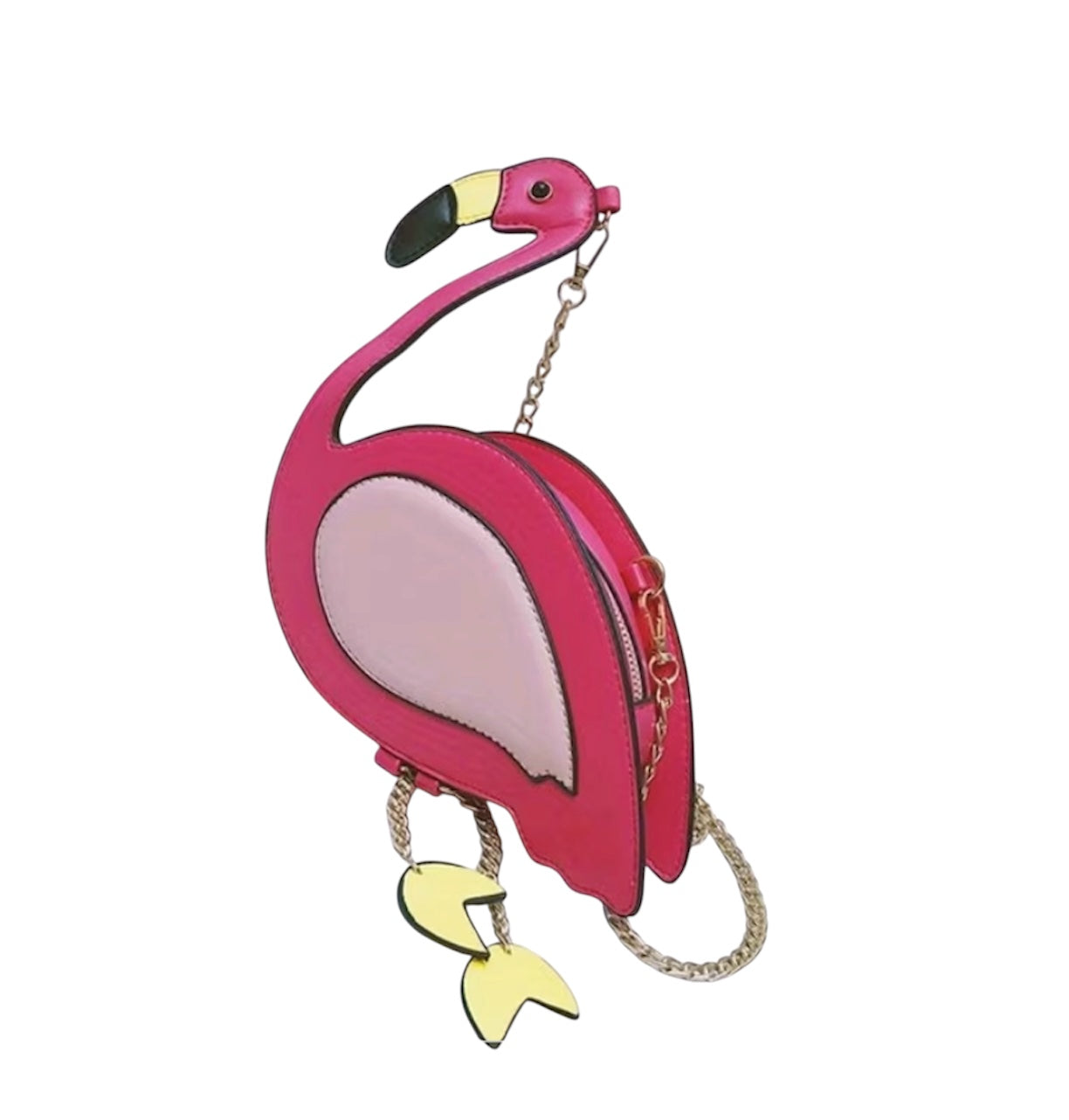Flamingo crossbody purse with gold chain and zipper closure.