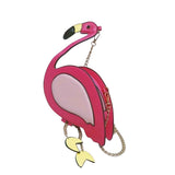 Flamingo crossbody purse with gold chain and zipper closure.