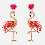 Flamingo rhinestone dangle earrings with oversized hot pink heart design, bold statement jewelry with sparkling details.