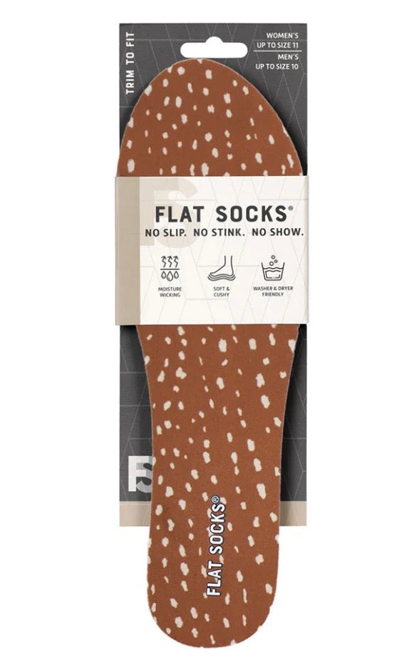 Fawn-Tastic FLAT SOCKS with reddish-brown fawn print, creamy flecks, and soft non-slip micro-pile fabric.