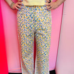 Denim pants with floral front print and pink gingham back high rise fit