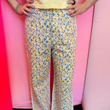 Denim pants with floral front print and pink gingham back high rise fit