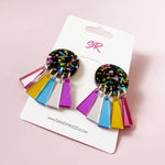 Black confetti earrings with mirrored colorful dangles in pink, yellow, blue, purple, and silver.