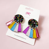Black confetti earrings with mirrored colorful dangles in pink, yellow, blue, purple, and silver.