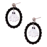 White ghost acrylic dangle earrings with black scalloped frames and stainless steel posts.