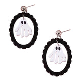 White ghost acrylic dangle earrings with black scalloped frames and stainless steel posts.