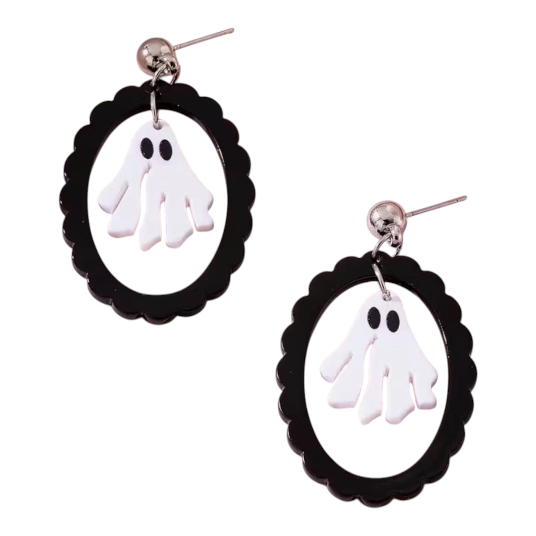 White ghost acrylic dangle earrings with black scalloped frames and stainless steel posts.
