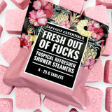 Fresh Outta Fucks shower steamers with grapefruit and hibiscus scent for refreshing aromatherapy relaxation.