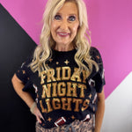 Black game day top with gold sequin Friday Night Lights lettering, footballs, and starbursts.