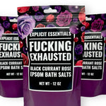 Fucking Exhausted Bath Salts in 12oz bag with Black Currant Rose scent for relaxation and self-care.