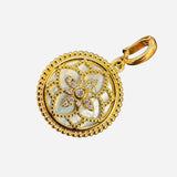 Floral Quatrefoil Medallion Charm with mother of pearl, Swarovski crystal center, and gold beaded border.
