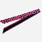 Hot pink leopard and black stripe reversible satin scarf tie styled as scarf or purse twilly.