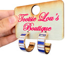Blue & White Stripe Hoop Earrings (Water Resistant)