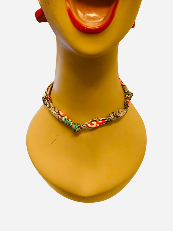 Brown and red designer silk scarf necklace