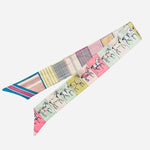 Pastel satin scarf with horses and colorblock stripes in pink, blue, mint, and chartreuse.