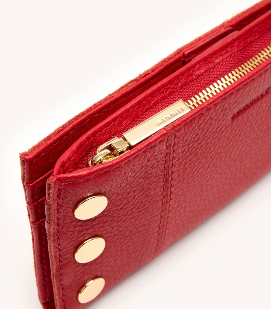 Hammitt Chili Red 110 North wallet with brushed gold hardware and multiple card slots.