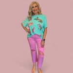Mint  short sleeved tee with sequin safari animals.