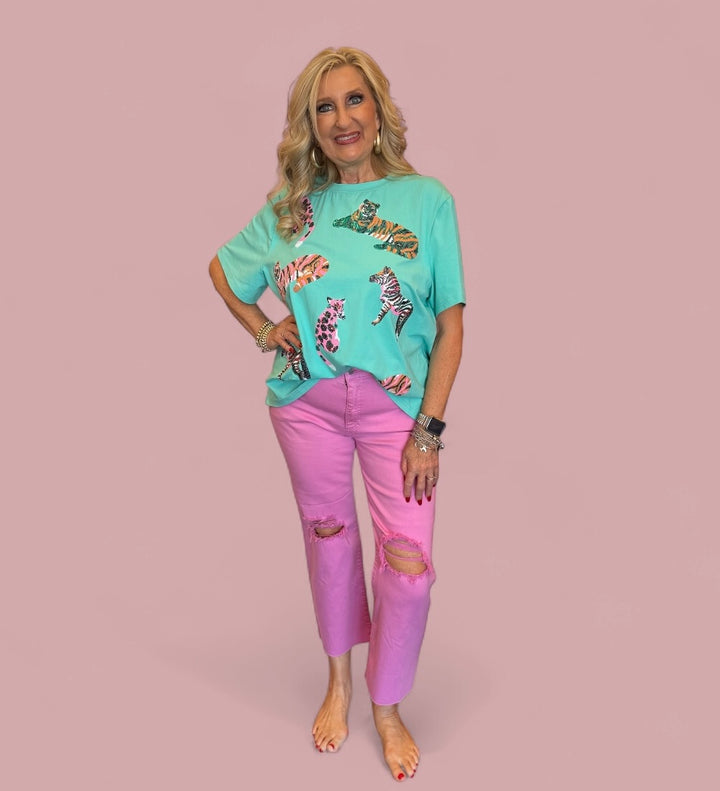 Mint  short sleeved tee with sequin safari animals.