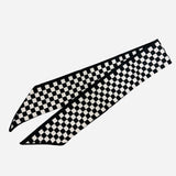 Black and white checkered scarf tie styled as twilly or chic scarf necklace.