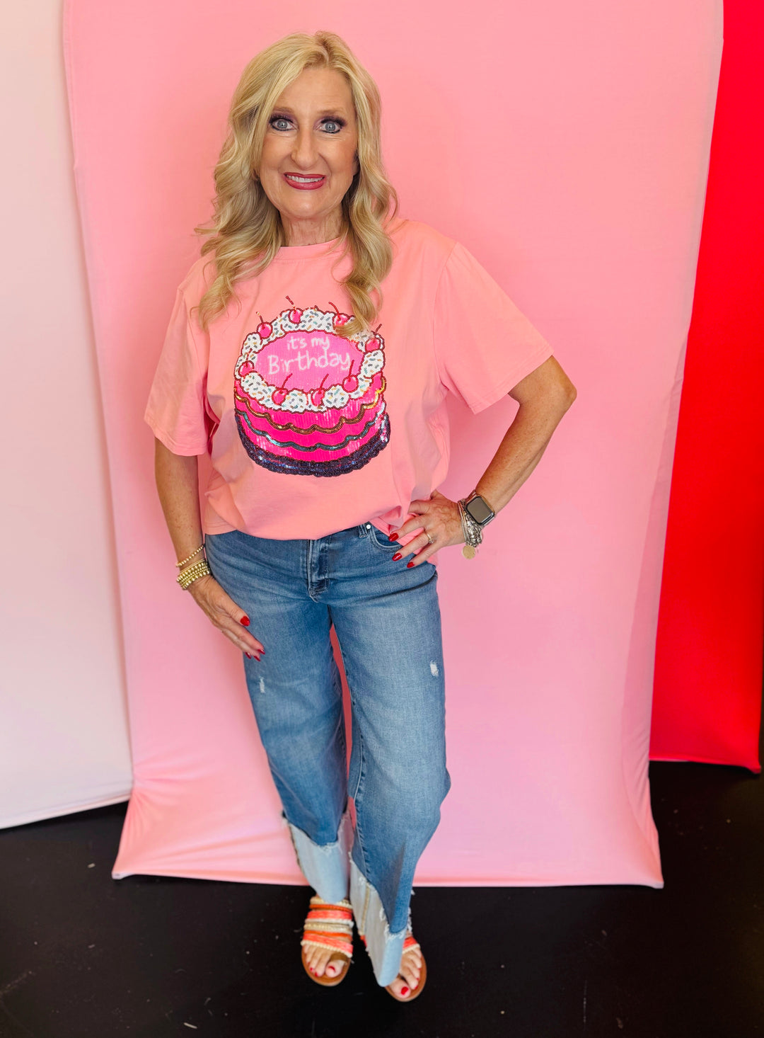 Pink tee with sequin “It’s My Birthday” graphic
