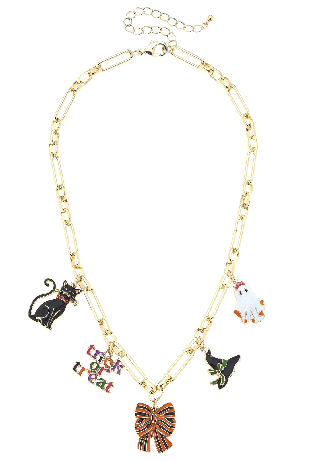 A shiny gold chain necklace featuring several dangling enamel charms, including a black cat, a white ghost, a witch hat, and a "Trick or Treat" sign.