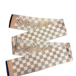 Golden Key Twilly Scarf with cream-peach and blue-cream checks and gold-tone rope motif