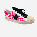 Pink checkerboard sneakers with glitter star, rhinestones, black ribbon laces, and suede toe