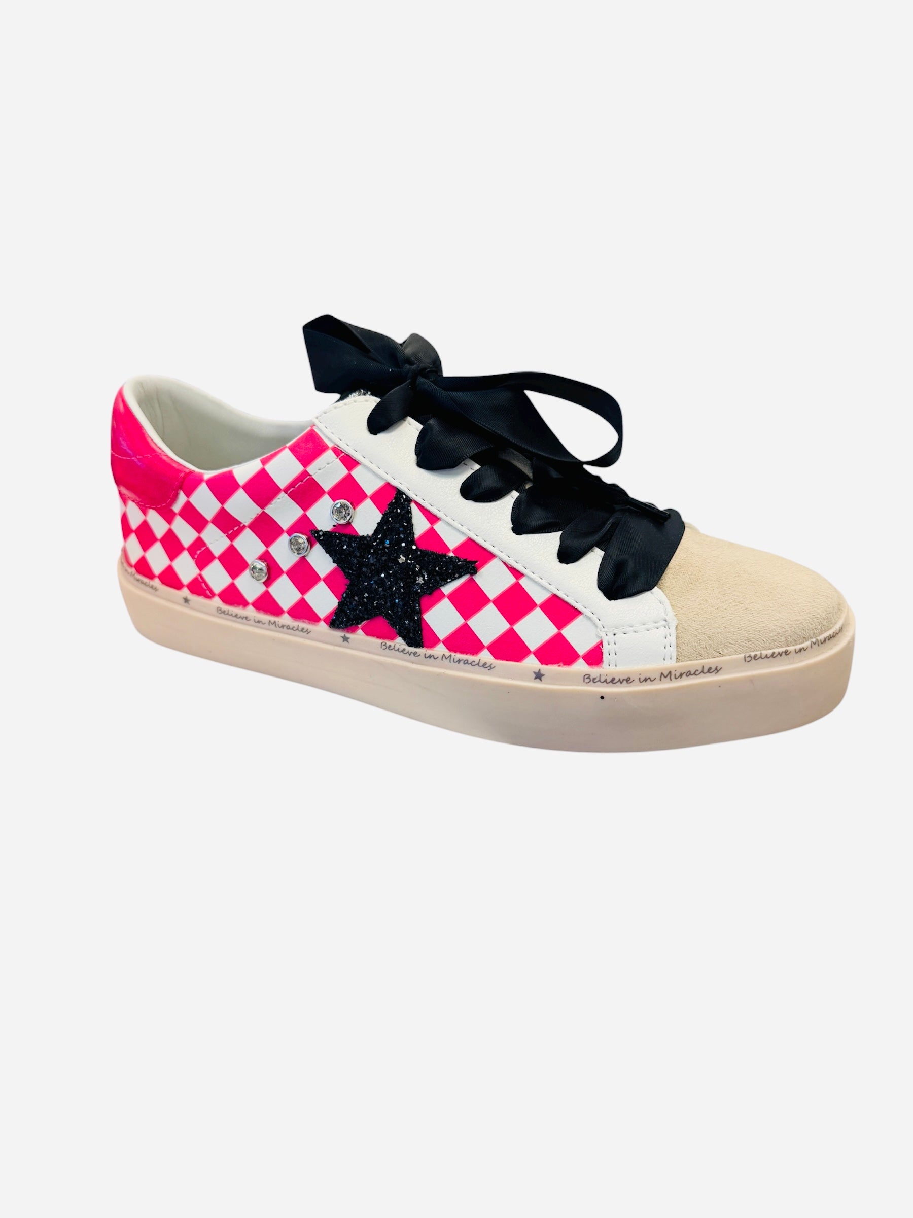 Pink checkerboard sneakers with glitter star, rhinestones, black ribbon laces, and suede toe