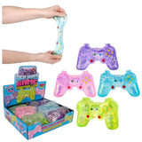 Sparkly game controller squishy sensory toy in assorted colors.