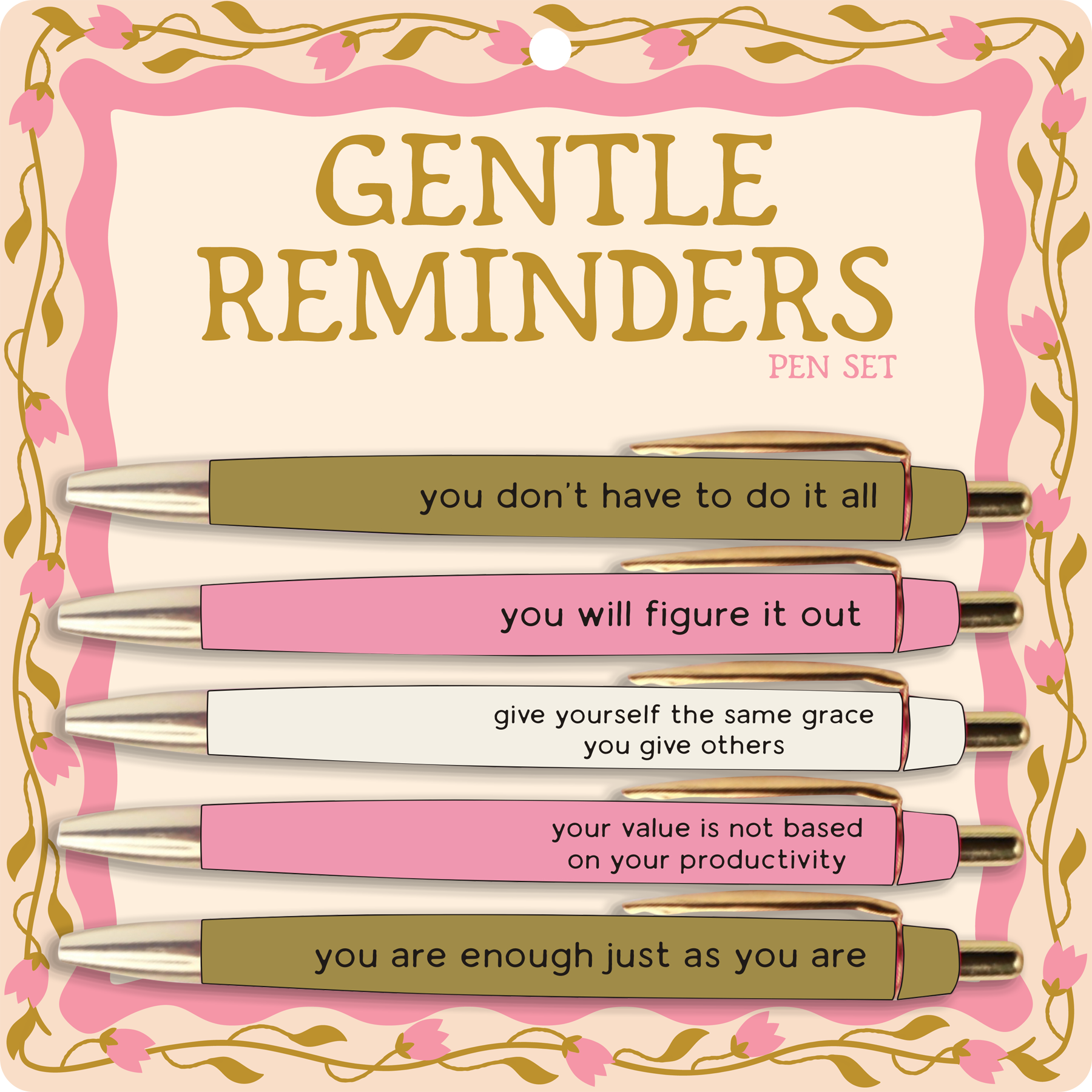 Set of five pens featuring uplifting messages about grace, self-worth, encouragement, and confidence.