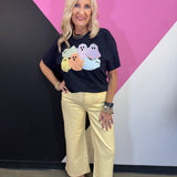 Black tee with colorful pastel gingham and plaid ghost appliqués