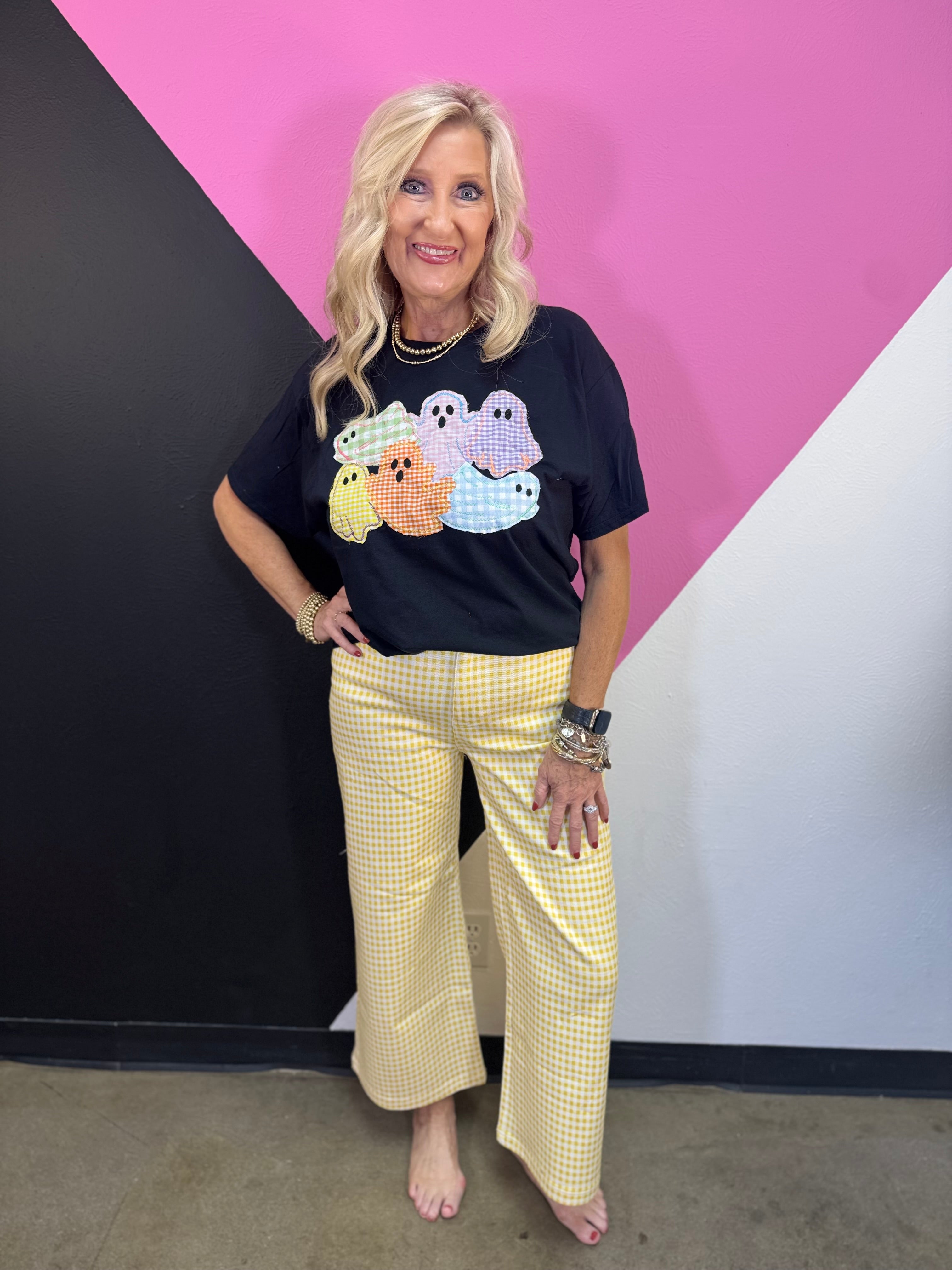 Black tee with colorful pastel gingham and plaid ghost appliqués