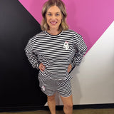 Black and white striped Halloween set with embroidered ghost patches and matching shorts.