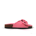 Red gingham bow slide flat sandals with oversized bow