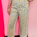 Denim pants with floral front print and pink gingham back high rise fit