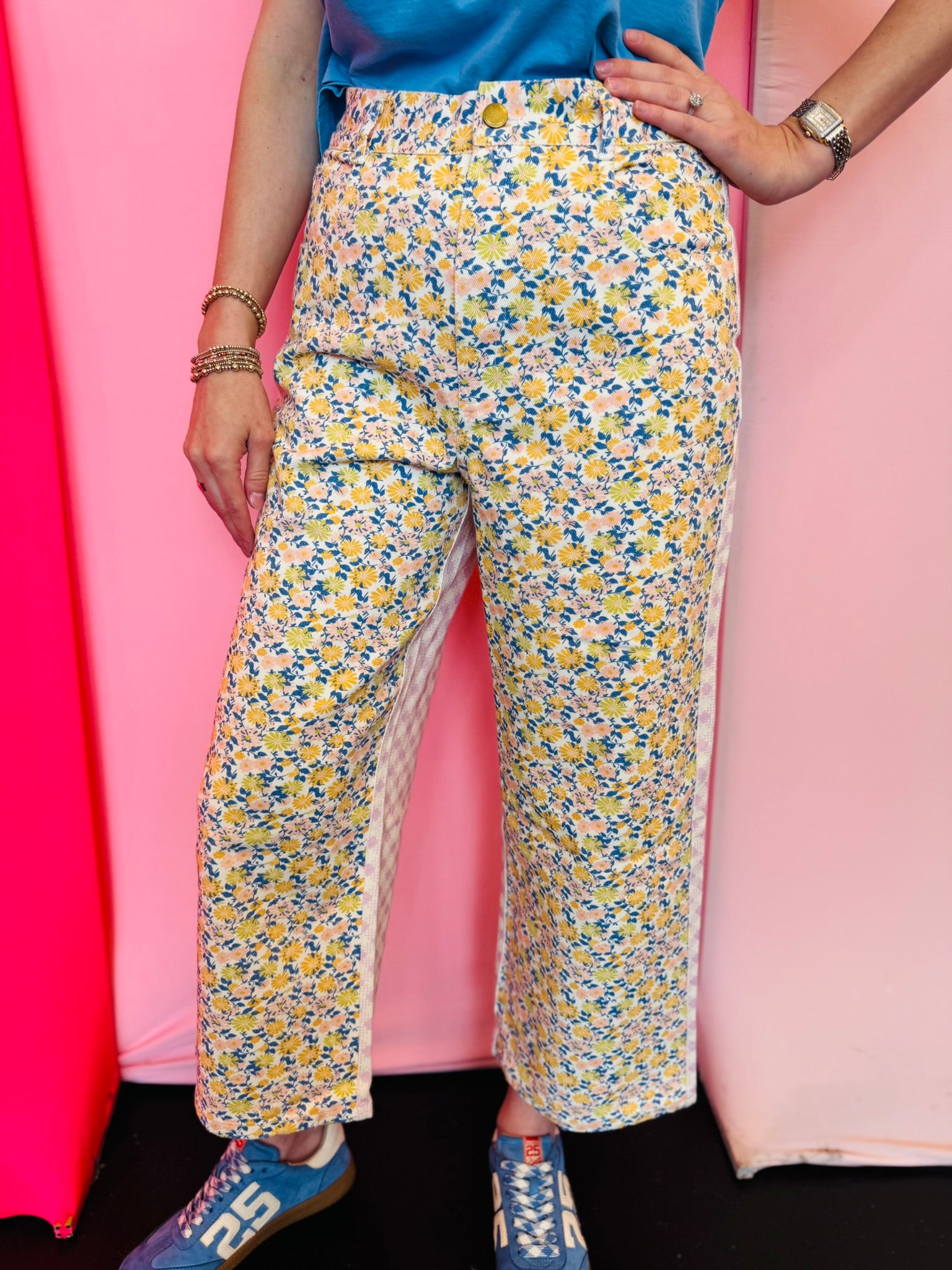 Denim pants with floral front print and pink gingham back high rise fit