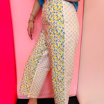 Denim pants with floral front print and pink gingham back high rise fit