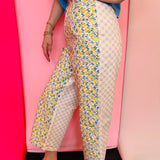 Denim pants with floral front print and pink gingham back high rise fit