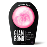 Pink and white Glam Bath Bomb with white orchid scent and hidden surprise inside.