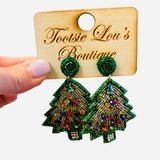 Green beaded Christmas tree earrings with gold accents and colorful gem ornaments, matching beaded stud.