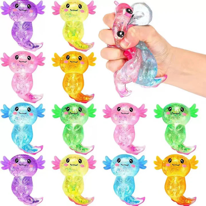 Glitter-filled axolotl squishy stress toy with sparkling sensory design.