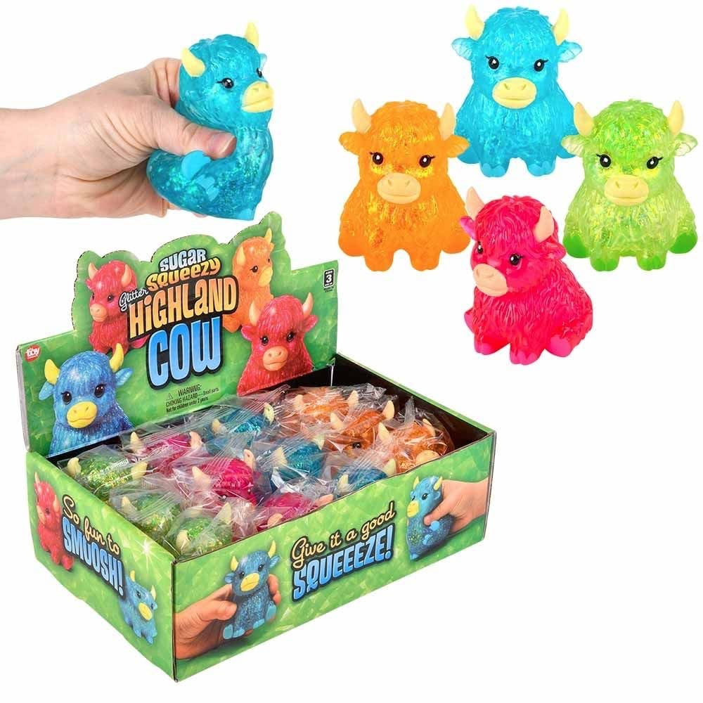 Glitter-filled Highland cow squishy sensory toy in assorted bright colors.