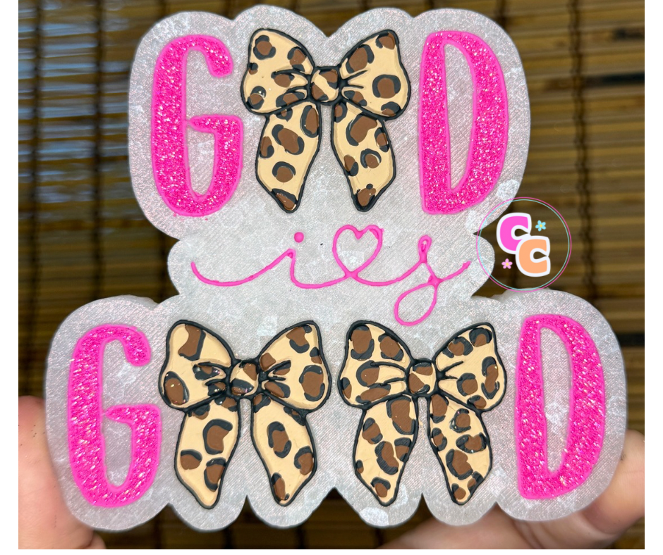 God Is Good freshie with bows replacing the letters O in the design.