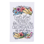 Floral embroidered tea towel featuring “God’s Plan” inspirational quote in bright, faith-inspired colors.